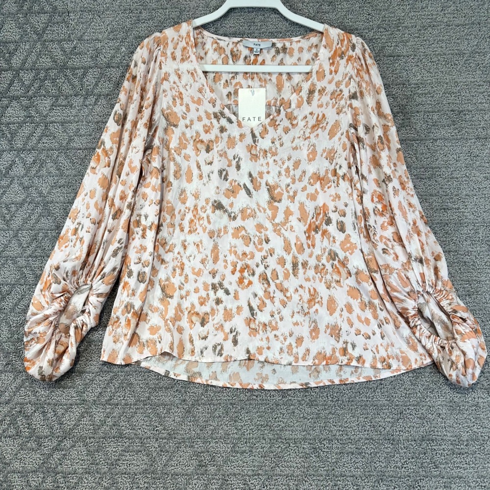 Fate Blouse Top Small‎ S Pink Peach Brown Animal Print Long Sleeve New